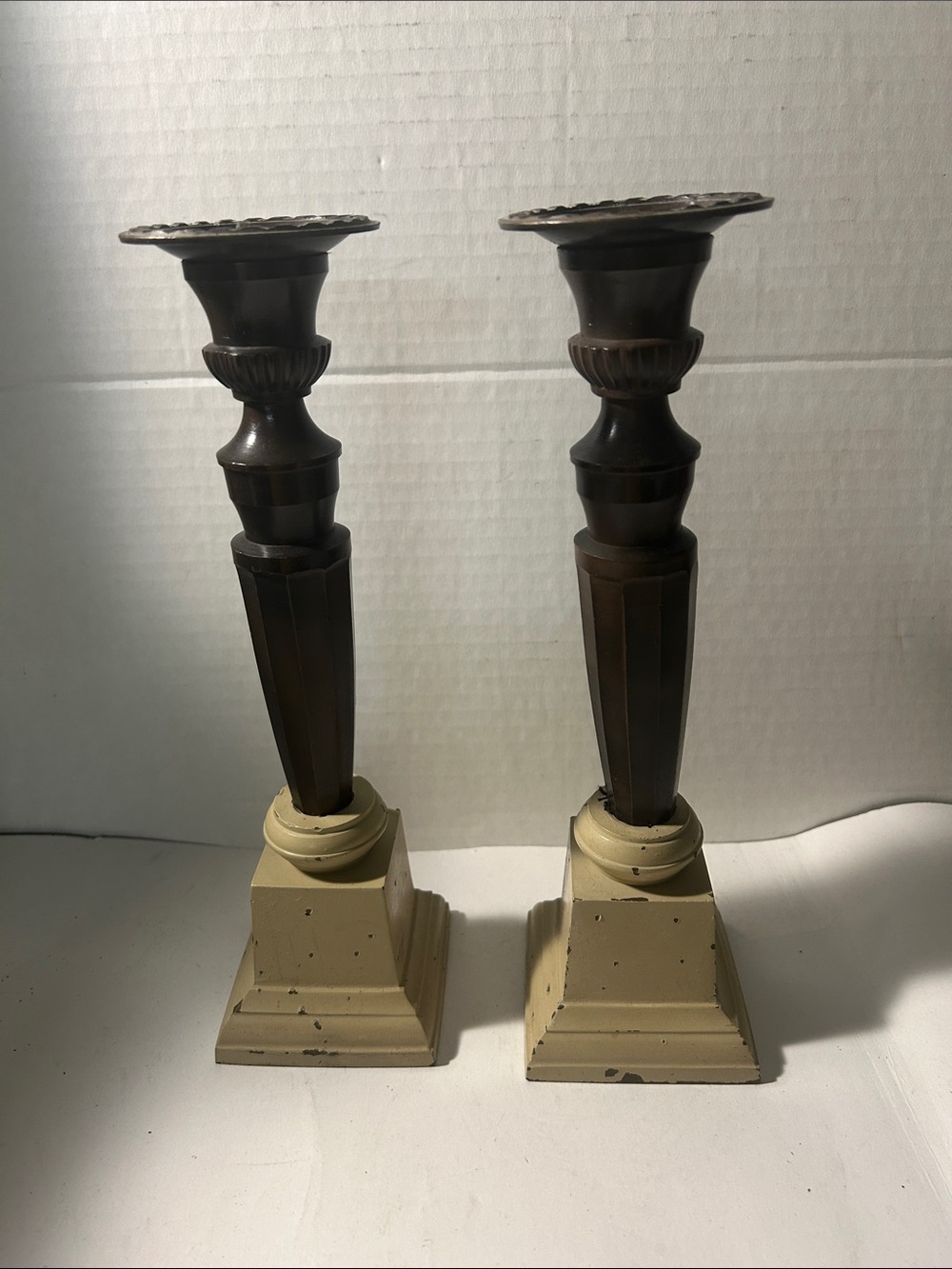 Pair of Brown and Cream Decorative Candle Holders Vintage Metal Made in India